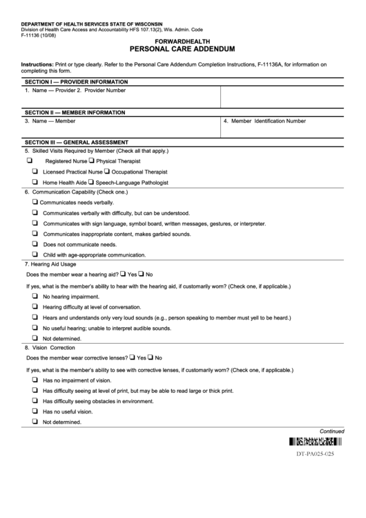 Fillable F-11136 - Personal Care Addendum Printable pdf