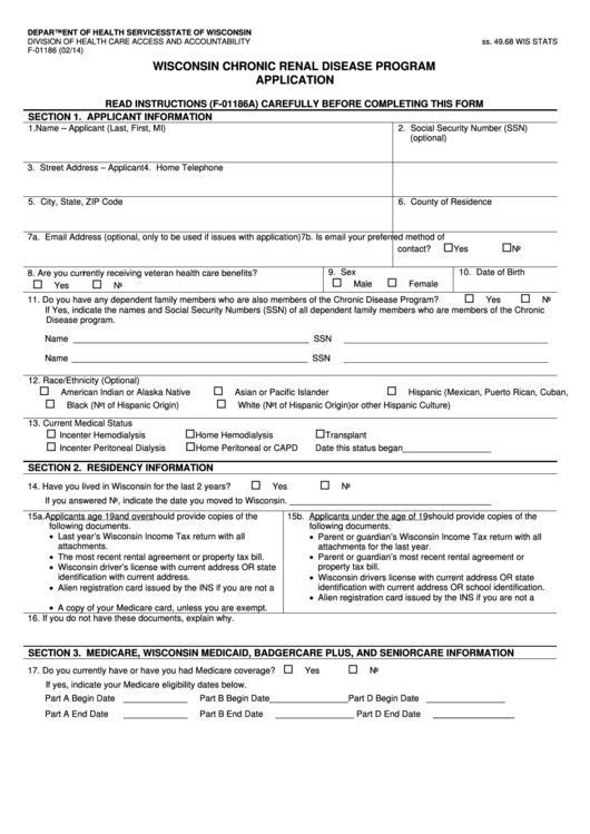 Form F-01186 - Wisconsin Chronic Renal Disease Program Application - 2014 Printable pdf