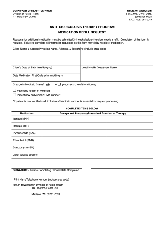 F-44126 - Antituberculosis Therapy Program Medication Refill Request Printable pdf