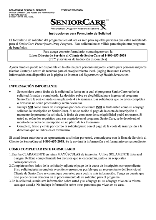 F-10076as - Instrucciones Para Formulario De Solicitud (Seniorcare Application Instructions) Printable pdf
