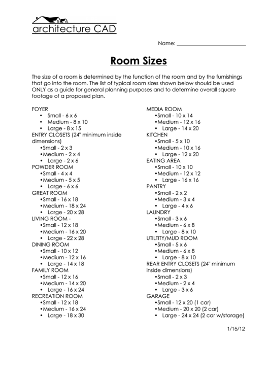 Average Room Sizes printable pdf download