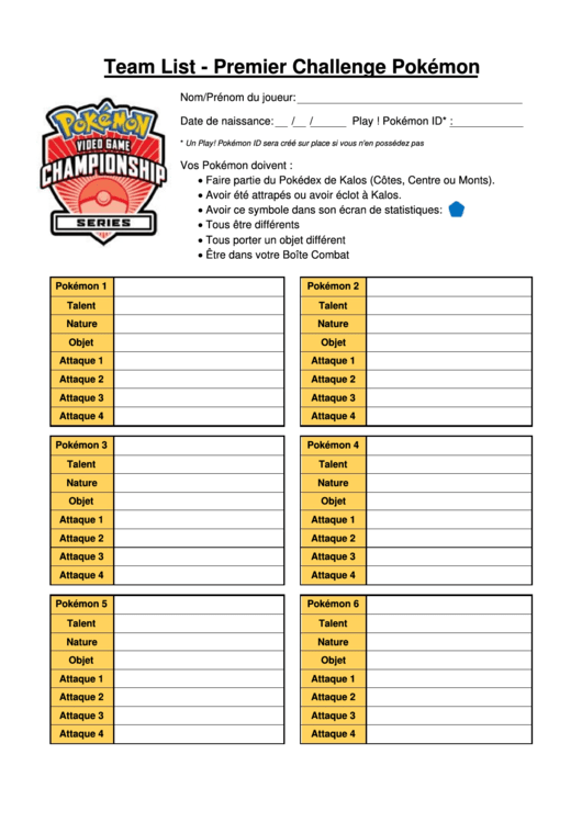 Team List Template - Premier Challenge Pokemon Printable pdf