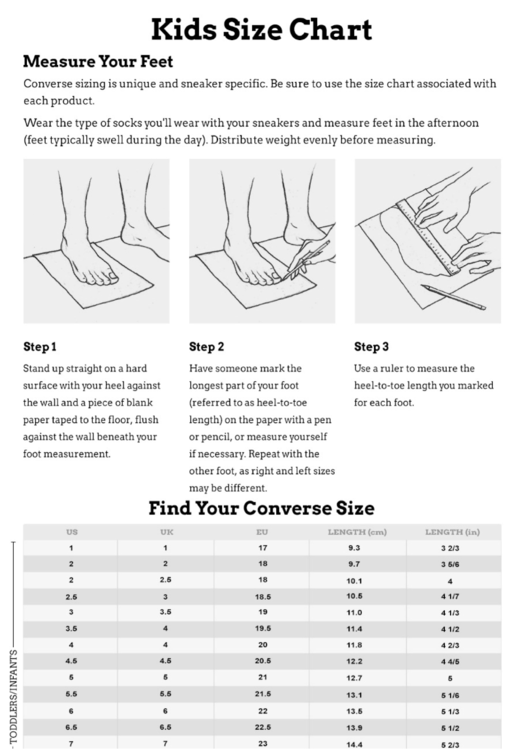 Kids Converse Shoe Size Chart printable pdf download