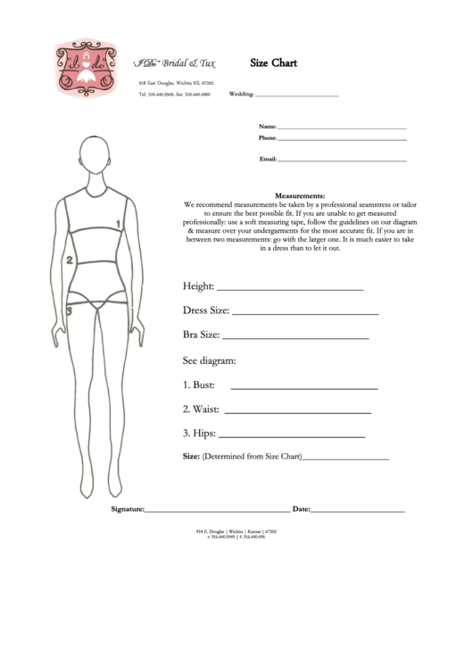 Bridal & Tux Size Chart Printable pdf