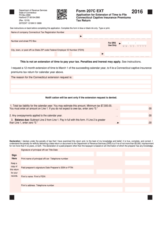 Form 207c Ext - Application For Extension Of Time To File Connecticut Captive Insurane Premiums Tax Return - 2016 Printable pdf