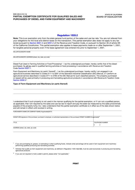 Fillable Partial Exemption Certificate For Qualified Sales And Purchases Of Diesel And Farm Equipment And Machinery - State Of California Board Of Equalization Printable pdf