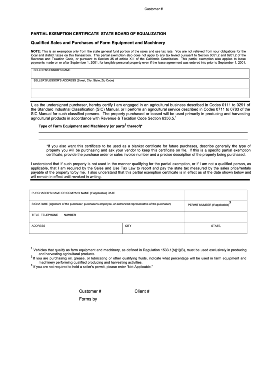 Fillable Partial Exemption Certificate - State Of Board Equalization (California) Printable pdf