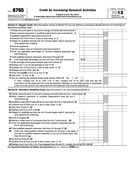 Form 6765 - Credit For Increasing Research Activities - 2013 Printable pdf