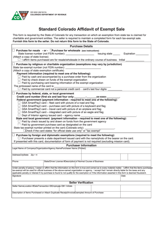 Fillable Form Dr 5002 - Standard Colorado Affidavit Of Exempt Sale Printable pdf
