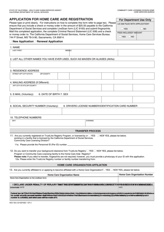 Application For Home Care Aide Registration