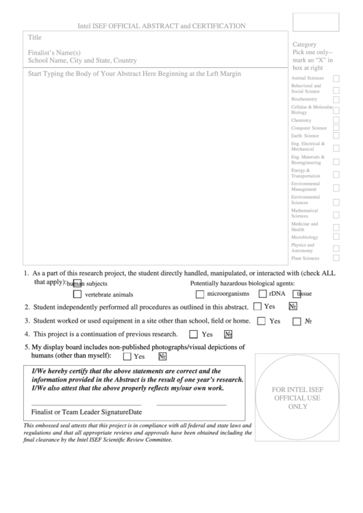 Isef Abstract Fillable Form Printable Forms Free Online