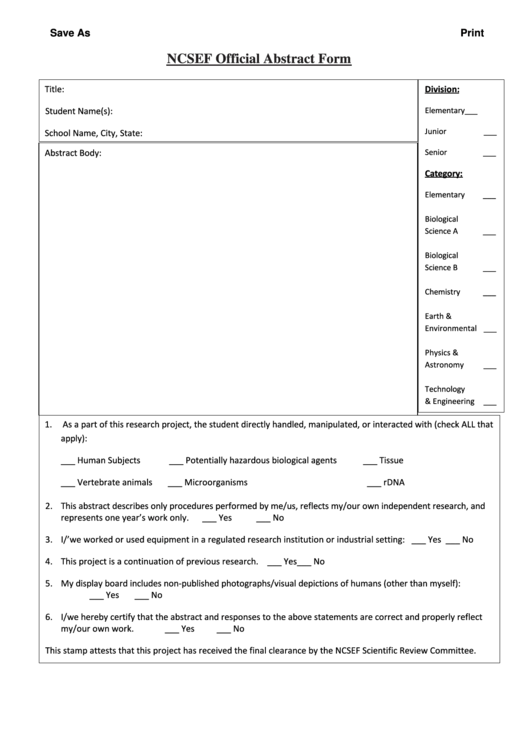 Ncsef Official Abstract Form Printable pdf