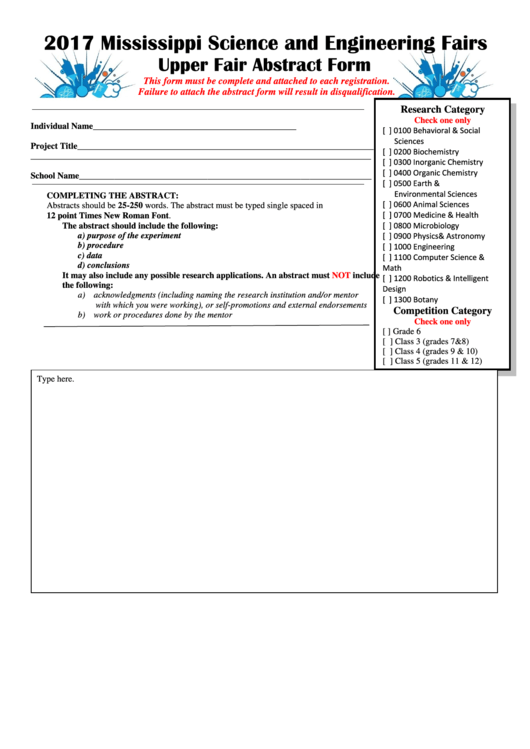 2017 Mississippi Science And Engineering Fairs Upper Fair Abstract Form Printable pdf