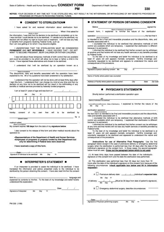 Consent Form Pm 330 - Department Of Health Services - 1999 Printable pdf