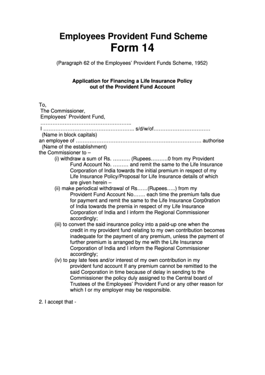 Form 14 - Application For Financing A Life Insurance Policy Out Of The Provident Fund Account Printable pdf