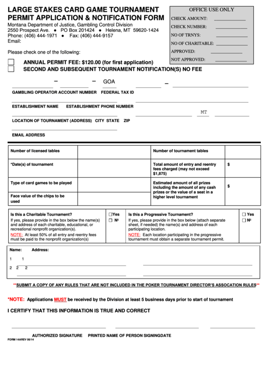 Fillable Large Stakes Card Game Tournament Permit Application & Notification Form Printable pdf
