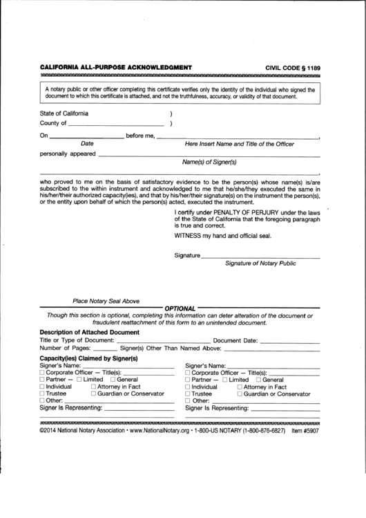 California All Purpose Acknowledgement Form Printable pdf