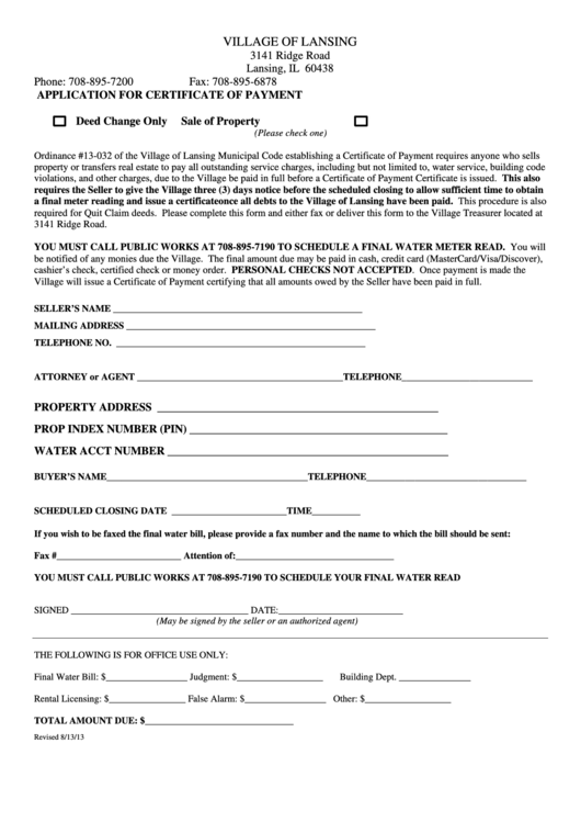 Application For Certificate Of Payment Form Printable pdf