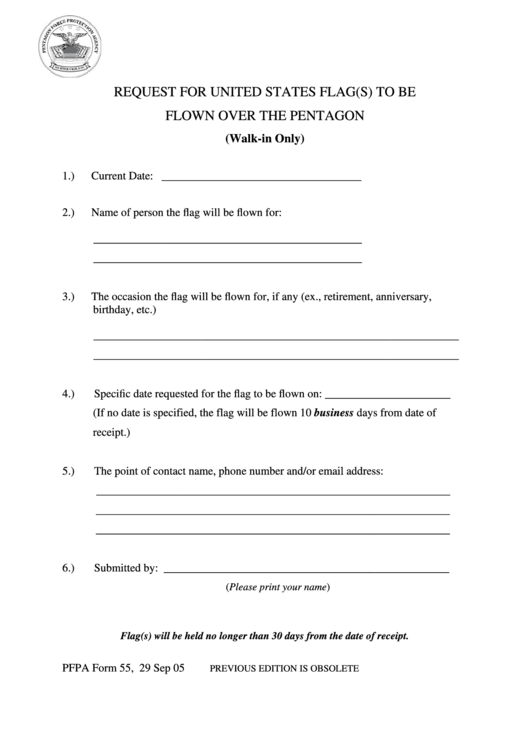 Pfpa Form 55 - Request For United States Flag(S) To Be Flown Over The Pentagon Printable pdf