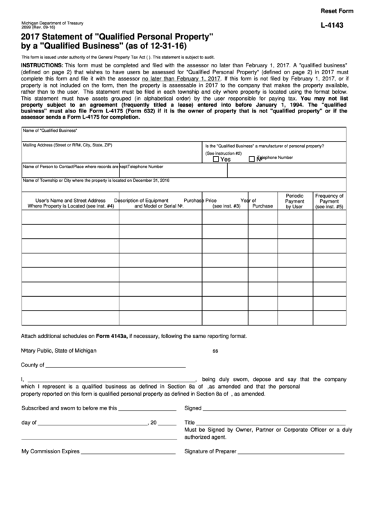 Form L-4143 - Statement Of "Qualified Personal Property" By A "Qualified Business" - 2017 Printable pdf