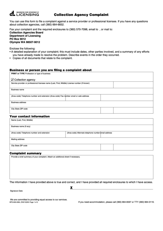Collection Agency Complaint Printable pdf