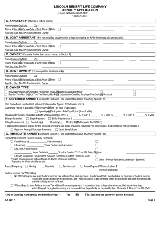 Lincoln Benefit Life Company Annuity Application Form Printable pdf