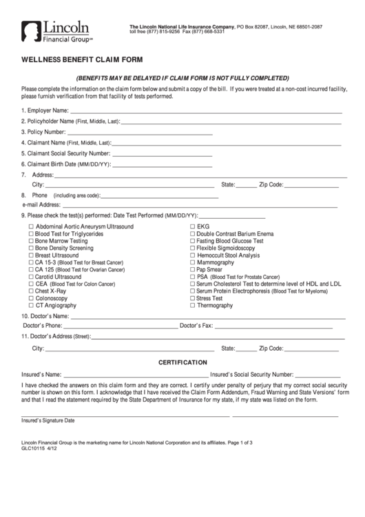 Form Glc10115 - Wellness Benefit Claim Form Printable pdf