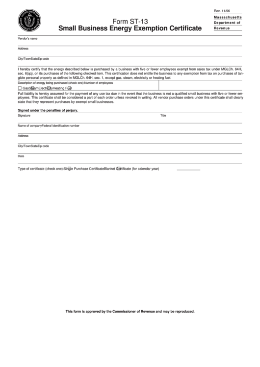 Form St-13 Small Business Energy Exemption Certificate Printable pdf
