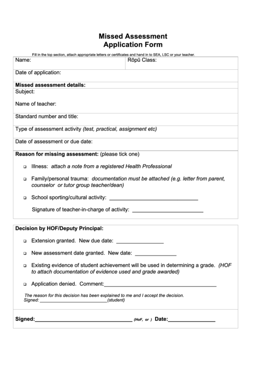 Missed Assessment Application Form Printable pdf