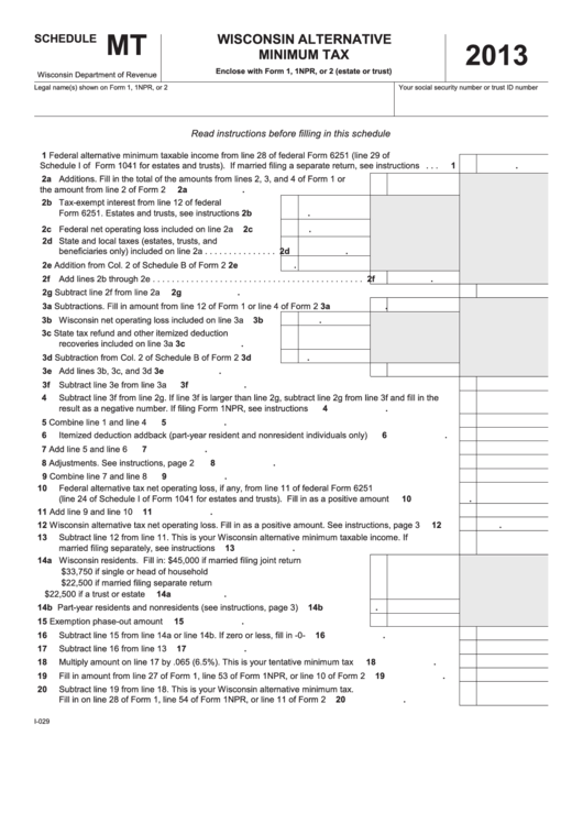 2013 I-029 Schedule Mt, Wisconsin Alternative Minimum Tax Printable pdf