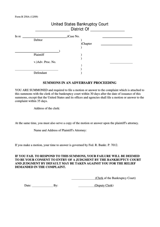 Form B 250a - Summons In An Adversary Proceeding Printable pdf