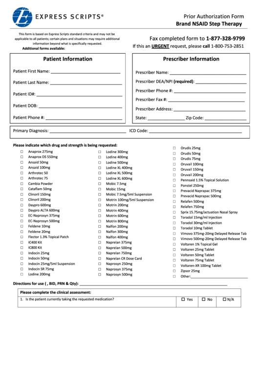 Express Scripts Prior Authorization Form - Brand Nsaid Step Therapy Printable pdf