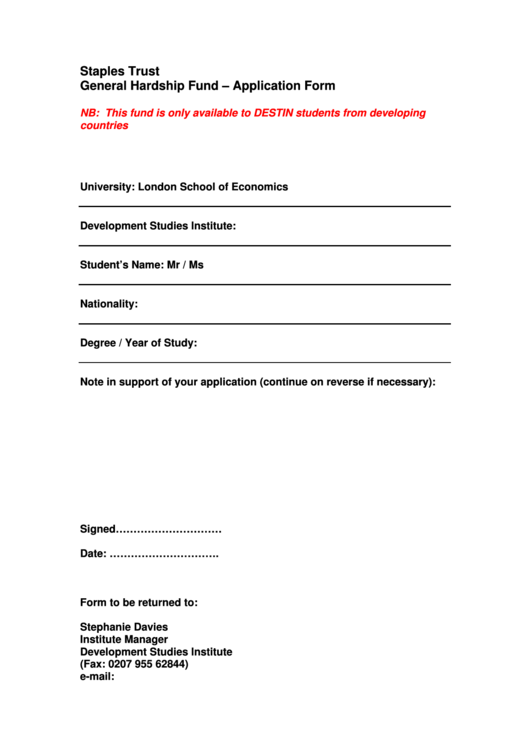 Hardship Fund Application Form Printable pdf