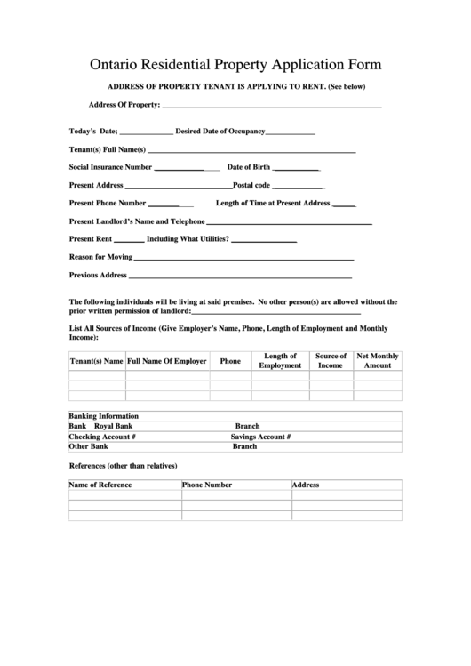 Ontario Residential Property Application Form Printable pdf