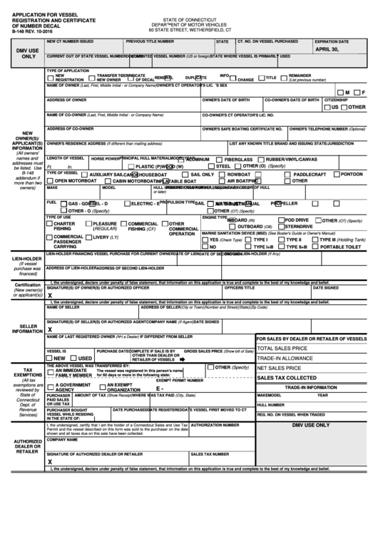 Fillable Form B-148 - Application For Vessel Registration And Certificate Of Number Decal Printable pdf