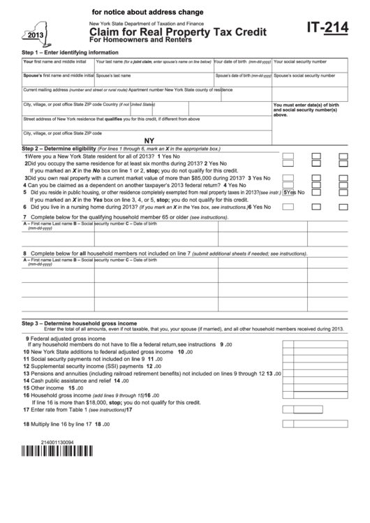 Form It-214 - Claim For Real Property Tax Credit - 2013