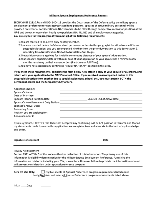 Military Spouse Preference Form