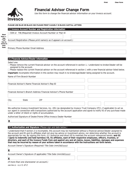 Fillable Financial Advisor Change Form Printable pdf