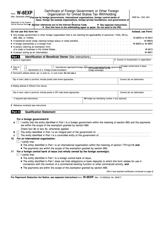 Form W-8exp - Certificate Of Foreign Government Or Other Foreign Organization For United States Tax Withholding - 2000 Printable pdf