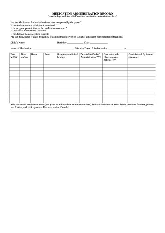 Medication Administration Record Printable pdf