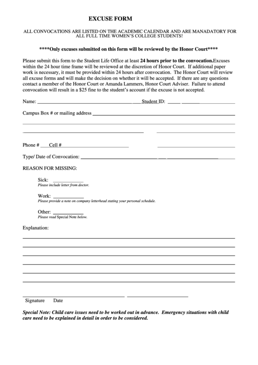 Convocation Excuse Form Printable pdf