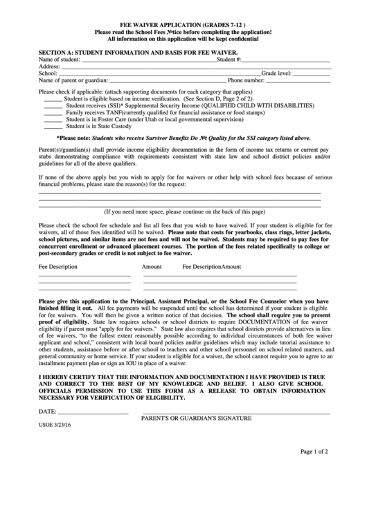 Fee Waiver Application Form (grades 7-12)