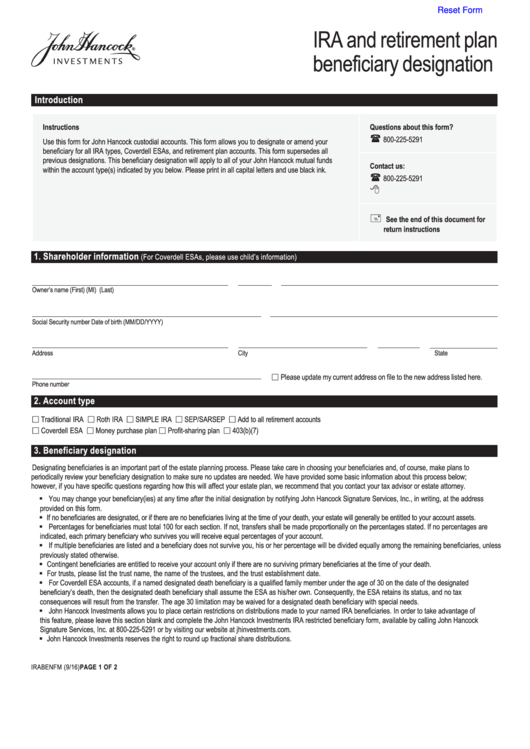 Fillable Form Irabenfm - (Ira) Beneficiary Designation Form Printable pdf