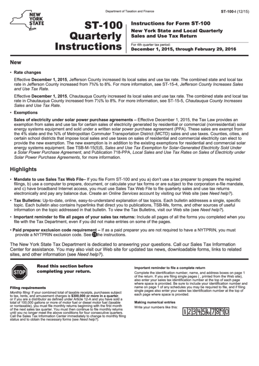 Form St-100-I, 12/15, Instructions For Form St-100 Printable pdf