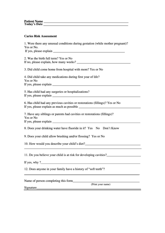 Caries Risk Assessment Questionnaire Printable pdf