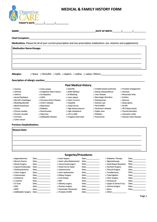 Fillable Medical & Family History Form Printable pdf