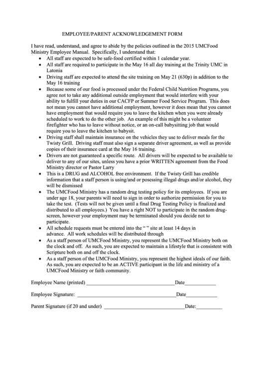Employee/parent Acknowledgement Form Printable pdf