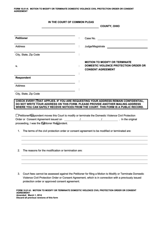 Fillable Motion To Modify Or Terminate Protection Order Printable Pdf 