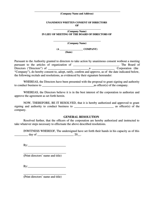 Unanimous Written Consent Of Directors Printable pdf