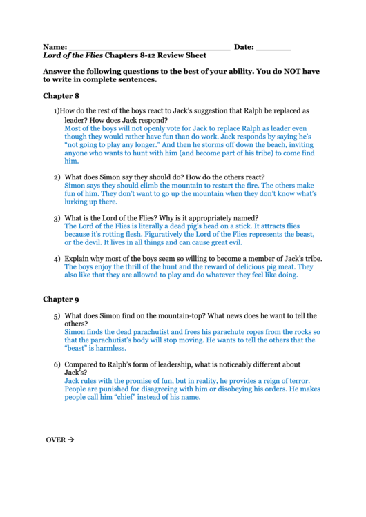 Lord Of The Flies Chapters 8-12 Review Sheet Template Printable pdf